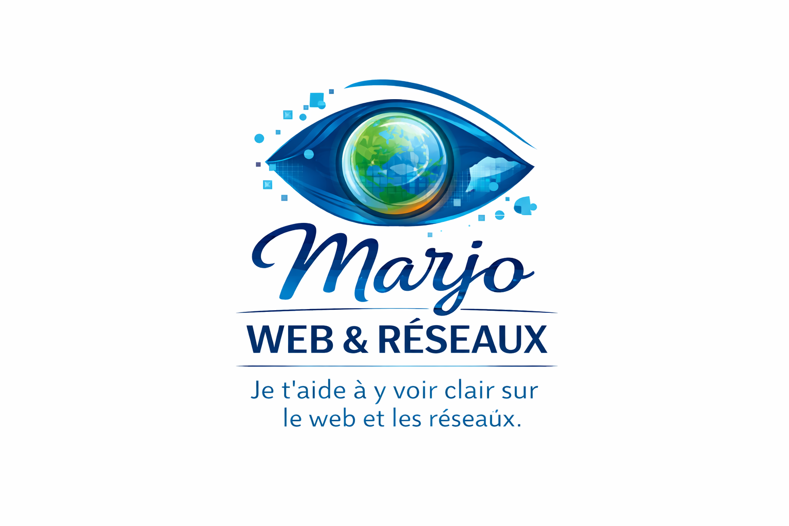Logo Marjo Web & Réseaux représentant un œil digital avec un globe au centre, symbolisant la clarté et l’accompagnement sur le web et les réseaux